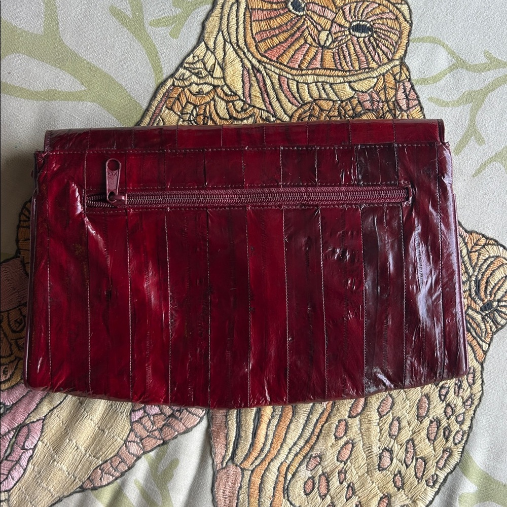 Vintage Made in Korea Genuine Eel Skin Burgundy Rouched Shoulder Bag/Clutch - Picture 8 of 8